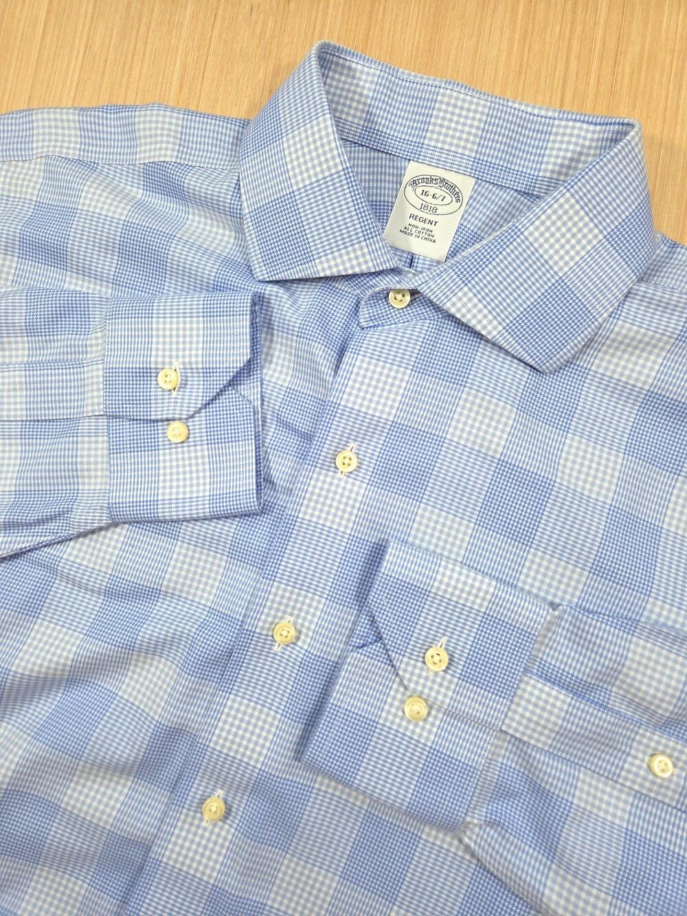 Brooks Brothers Shirt Men's 16 6/7 Regent Blue White Plaid Button Down Non Iron